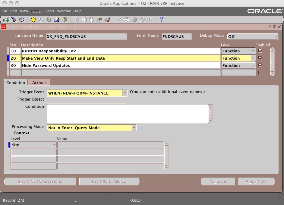 Snapshot 2009 01 15 22 31 41 Form Personalization: Restrict the Responsibilities LoV on the form FNDSCAUS